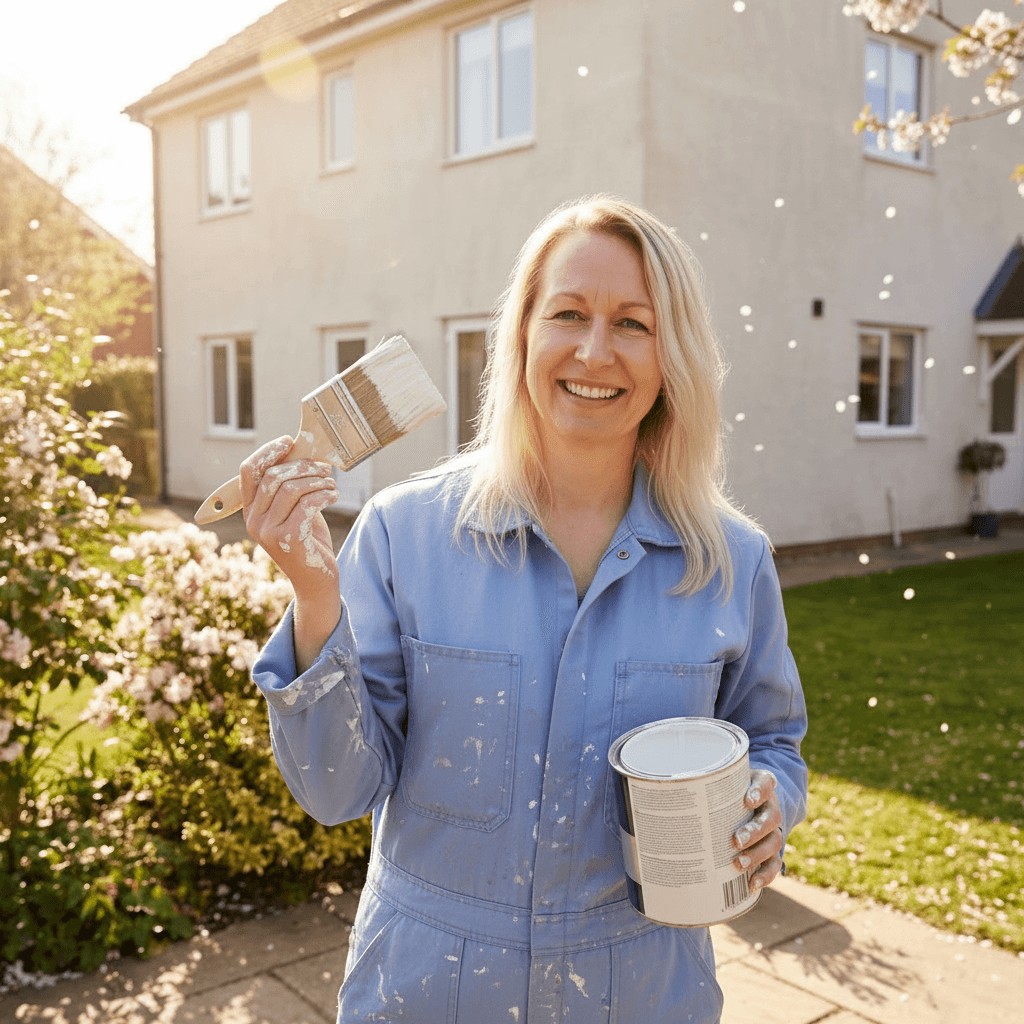 Vrouwelijke schilder met kwast en verfblik in haar hand