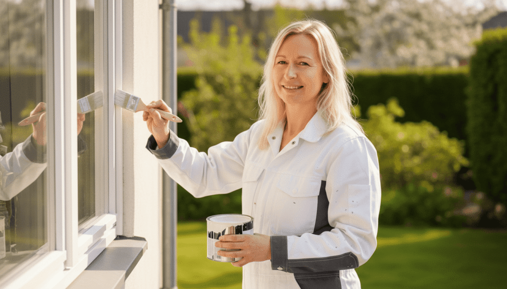 Vrouwelijke schilder schildert een kozijn (AI)