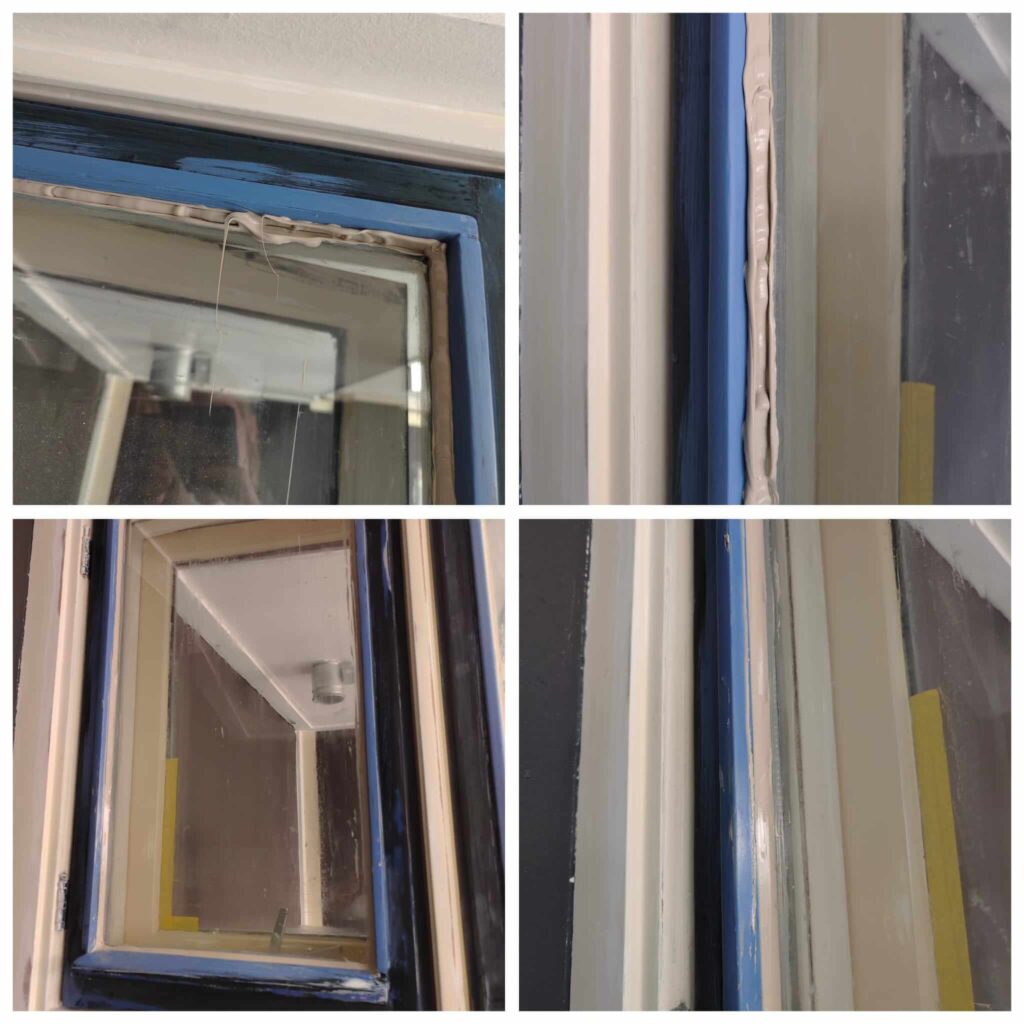 Collage van het leerproces glaskit aanbrengen: van dikke klodders naar een strak eindresultaat op de vakschool.