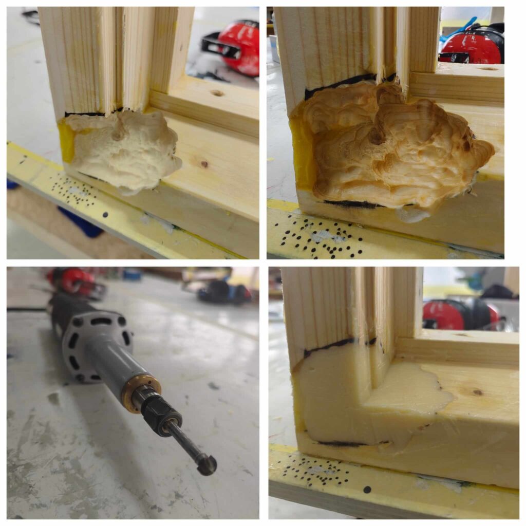 Collage van het proces houtrotreparatie: het uitfrezen van het kozijn met een freesmachine en het opvullen en modelleren met twee-componenten houtrotpasta.