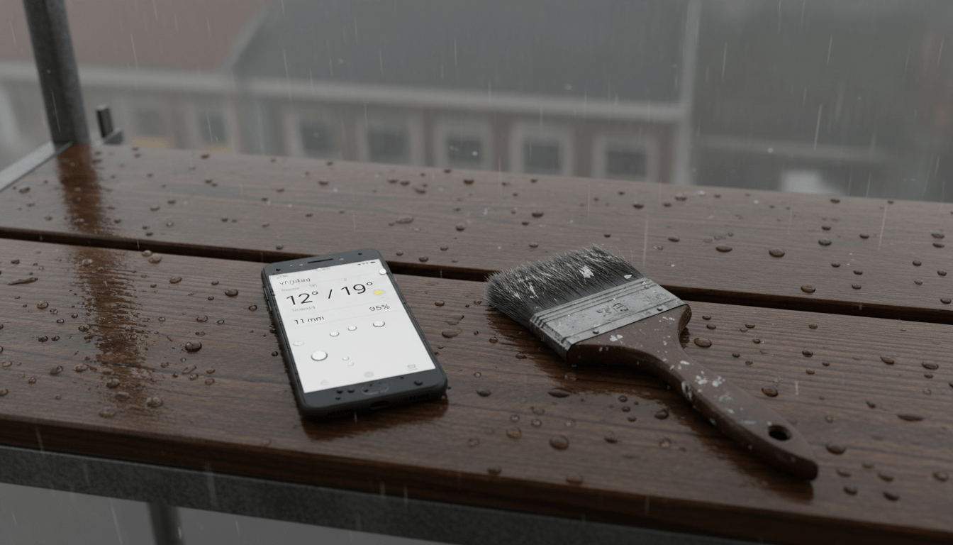Kwast en telefoon met weersverwachting op een steiger