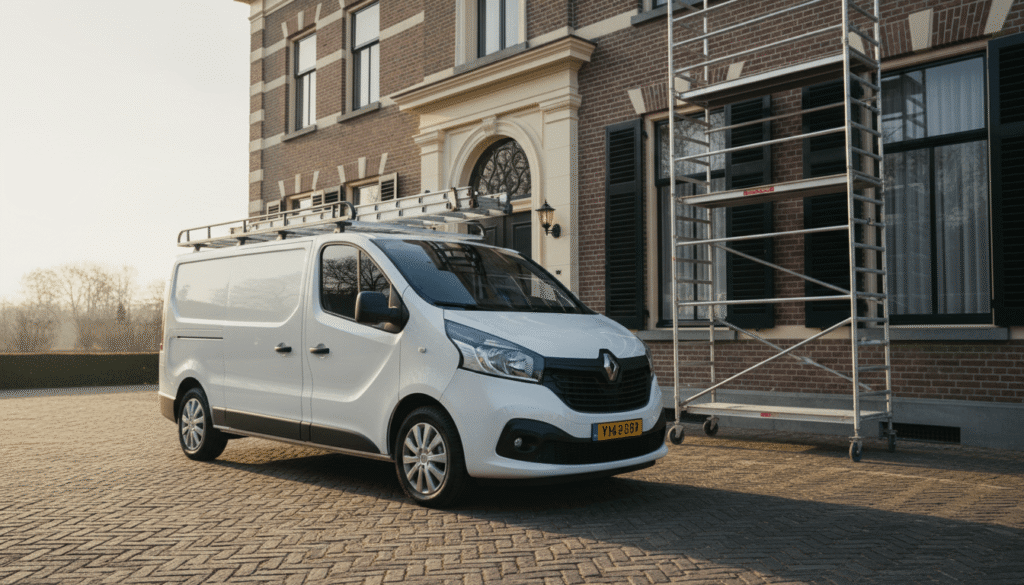 Witte bus voor een monumentaal pand